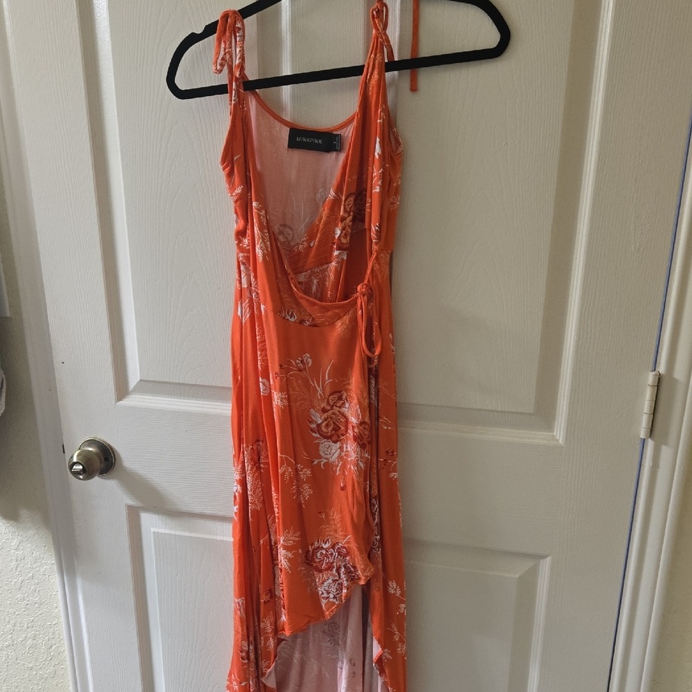 A'gaci Vibrant Pink/Orange Floral High Low Wrap Dress